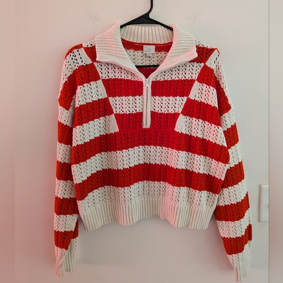 Women's A New Day Red Beige Striped Quarter-Zip Sweater M - Picture 2 of 5